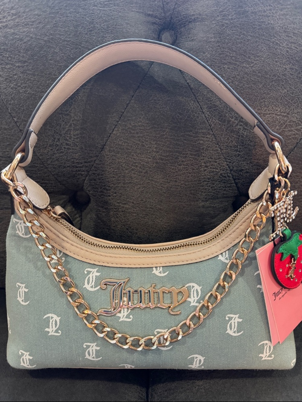 Juicy Couture Light Blue Denim Logo Shoulder Bag with Pink Strawberry Charm - Picture 1 of 5